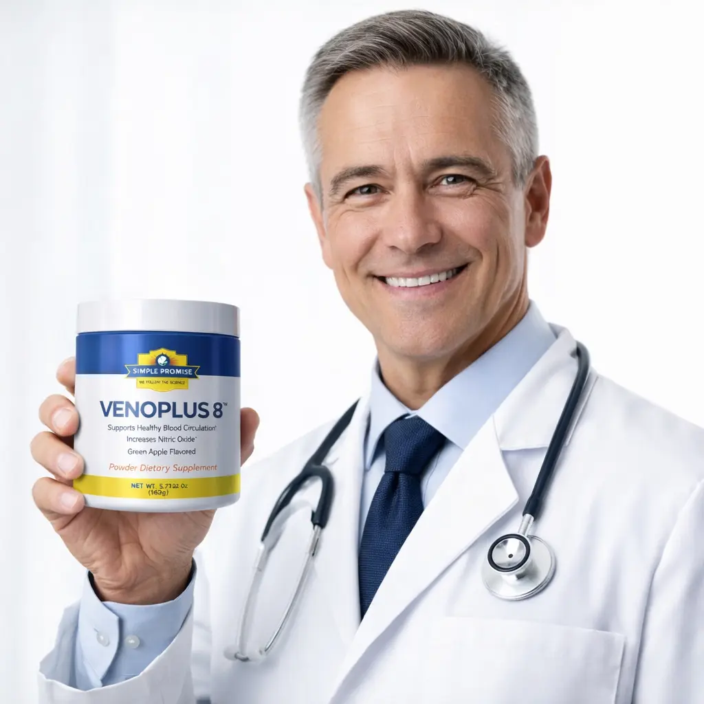 Healthcare practitioner holding a jar of VenoPlus 8 powder supplement